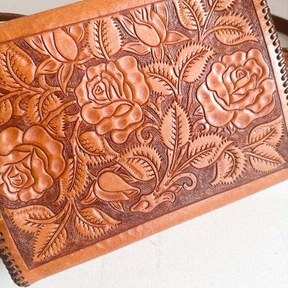 Vintage Leather Hand Tooled Floral Leaf Print Custom Made Structure Shoulder Bag - Picture 6 of 11